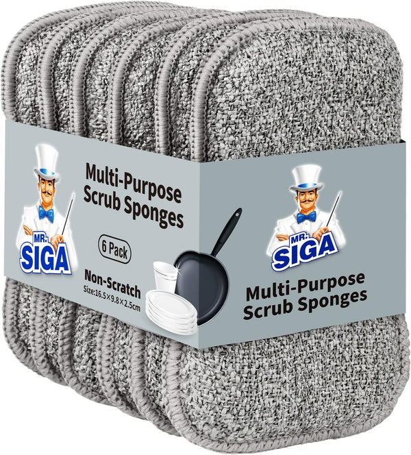 MR.SIGA Dual-Sided Scrub Sponges, Long lasting, Reusable Dishwashing Sponges for Kitchen, 6 Pack