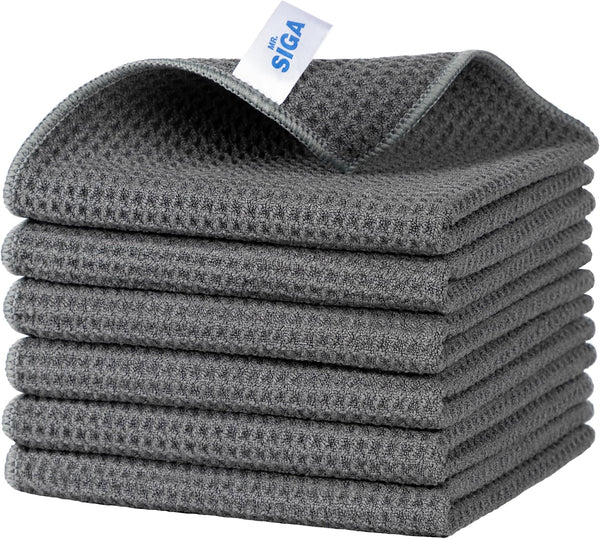 MR.SIGA Waffle Pattern Cleaning Cloths, Reusable Absorbent Microfiber Cleaning Cloths, Lint Free Microfiber Kitchen Towels, 6 Pack, Gray, 12.6 x 12.6 inch