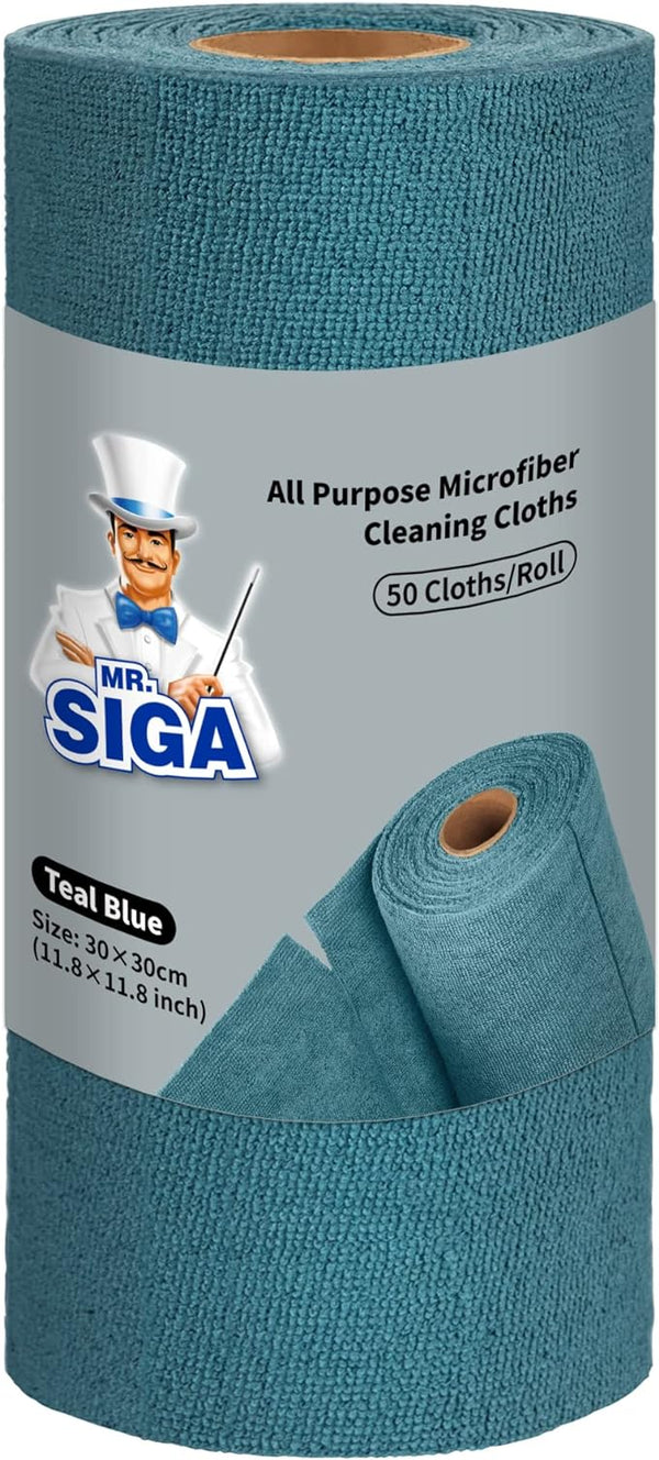 MR.SIGA Microfiber Cleaning Cloths in Roll, Lint Free Cleaning Wipes, Value Pack Reusable Kitchen Towels, 50 Cleaning Cloths Per Roll, Light Teal