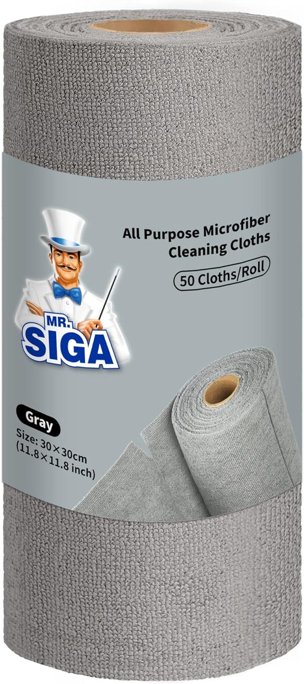 MR.SIGA Microfiber Cloths in Roll, Lint Free Cleaning Wipes, Value Pack Reusable Kitchen Towels, 50 Cleaning Cloths Per Roll, Gray