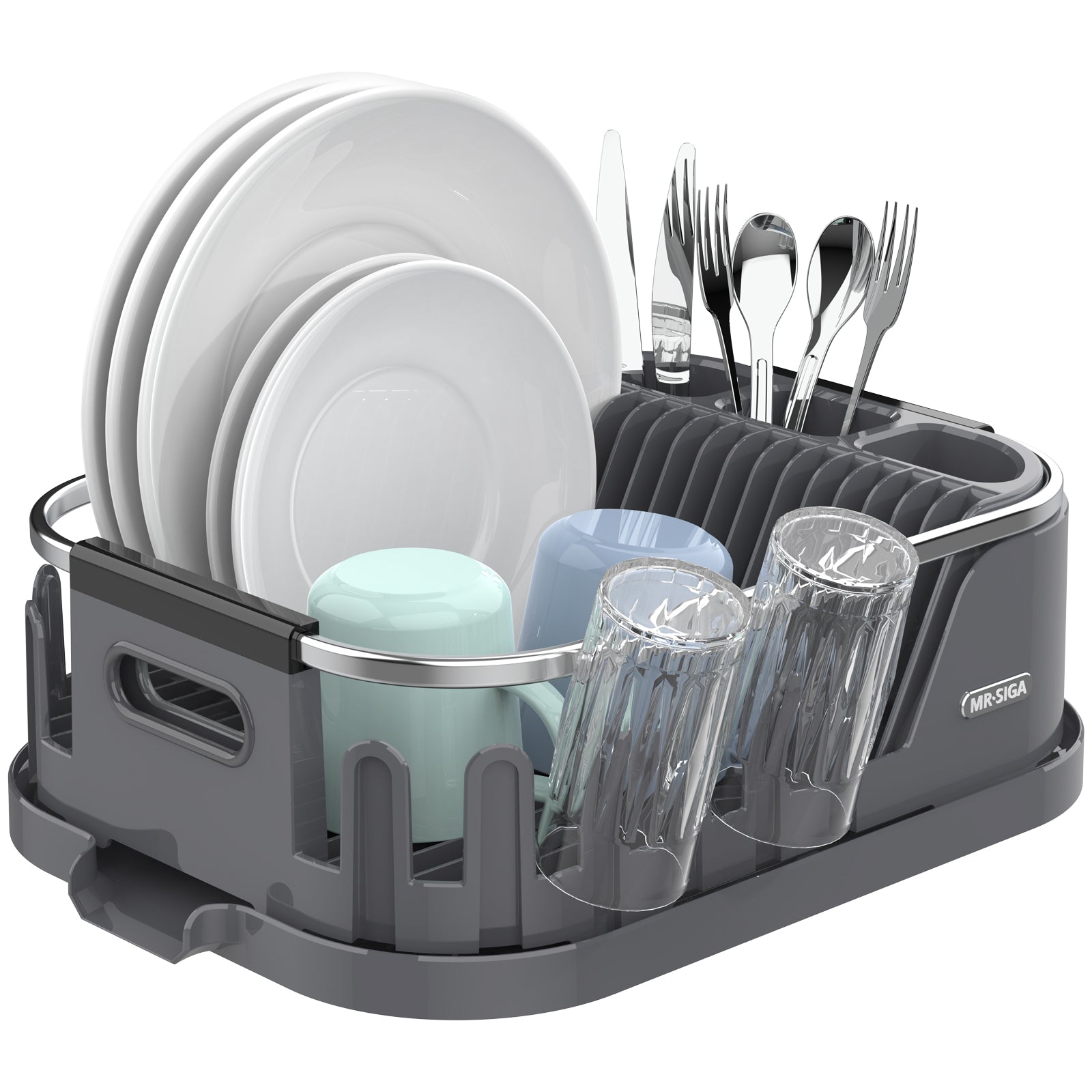 MR.SIGA Dish Drying Rack for Kitchen Counter, Compact Dish Drainer with Drainboard, Utensil Holder and Cup Rack, Grey