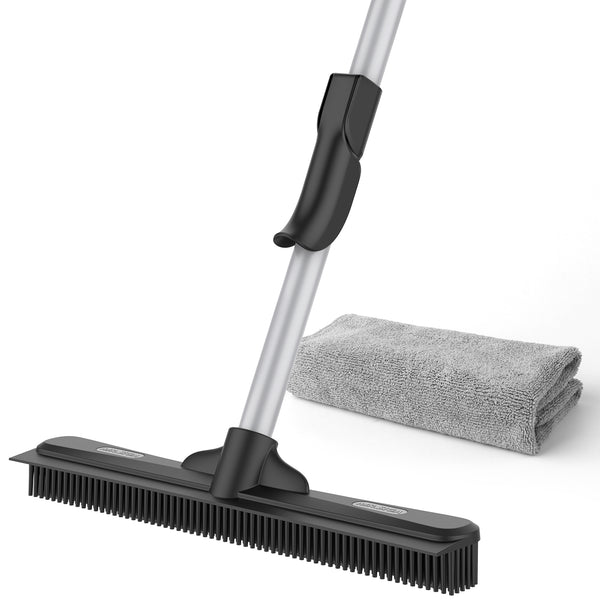 MR.SIGA Pet Hair Removal Rubber Broom with Built in Squeegee, 2 in 1 Floor Brush for Carpet, Includes One Microfiber Cloth for Floor Dusting