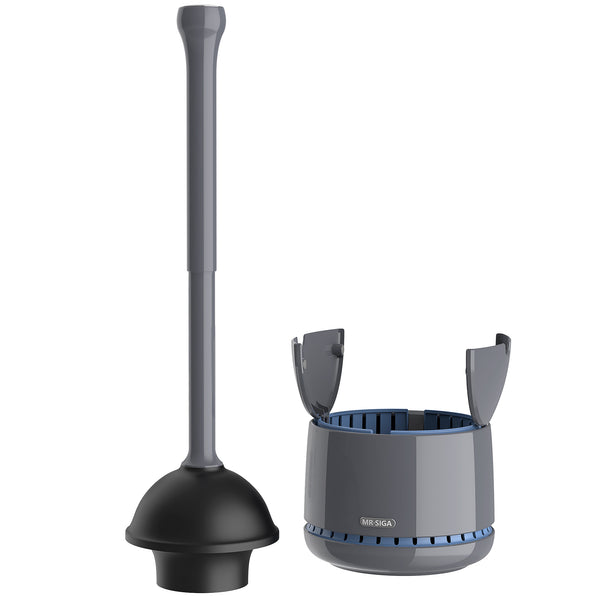 MR.SIGA Toilet Plunger with Holder, Heavy Duty Plunger with Sturdy Handle for Toilet Cleaning, Gray