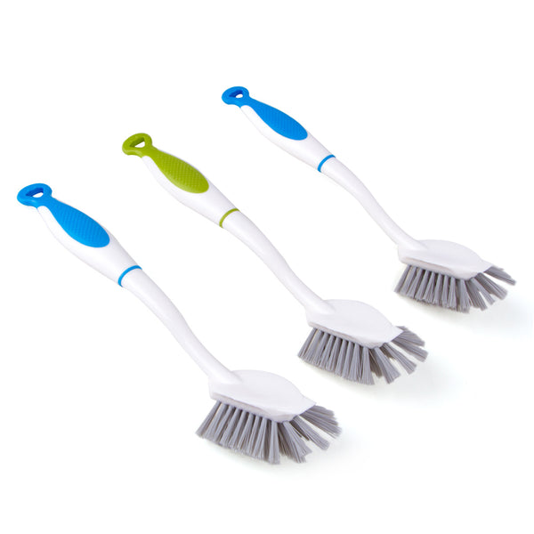 MR.SIGA Dish Brush with  Handle Built-in Scraper, for Pans, Pots, Kitchen Sink Cleaning, Pack of 3