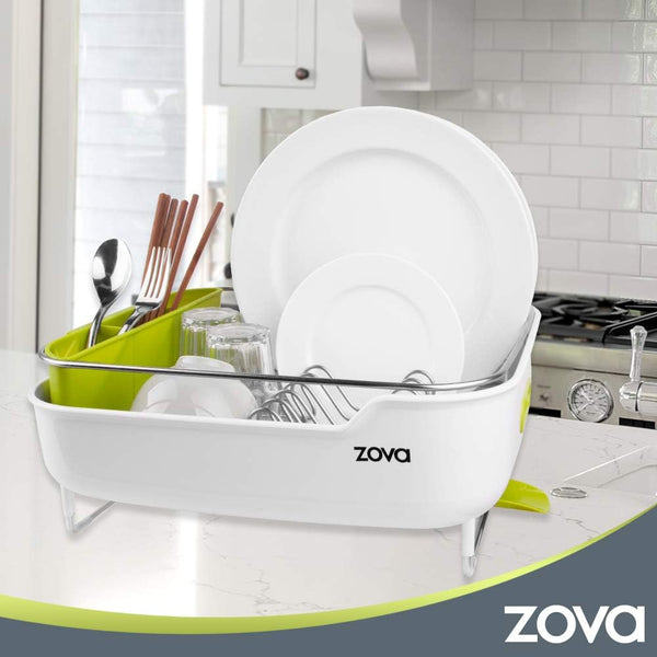 ZOVA Premium Stainless Steel Dish Drying Rack with Swivel Spout, Dish Drainer Utensil Organizer for Kitchen– Medium, White &Green