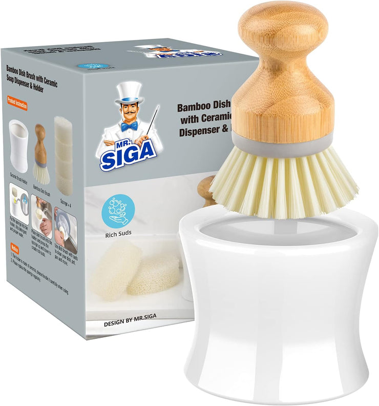 MR.SIGA Dish Soap Dispenser & Holder, Bamboo Dish Brush with Soap Dispenser Set, Includes 4 Replaceable Sponges, Dish Brush Holder in White