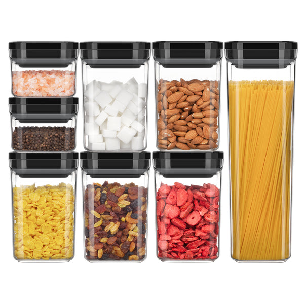 MR.SIGA 8 Piece Airtight Food Storage Container Set, BPA Free Kitchen Pantry Organization Canisters, One-handed Airtight Plastic Containers with Lids for Cereal, Spaghetti, Pasta, Black