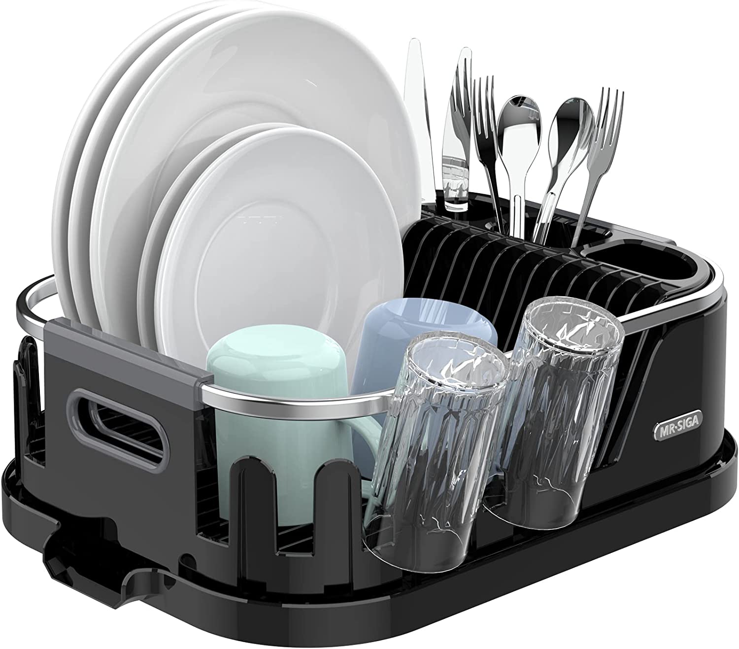 MR.SIGA Dish Drying Rack for Kitchen Counter, Compact Dish Drainer with Drainboard, Utensil Holder and Cup Rack, Black