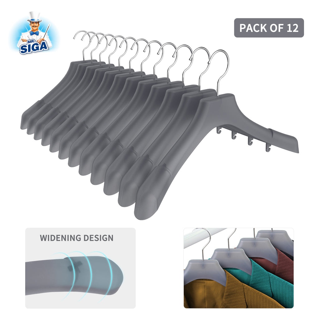  MR.SIGA Plastic Extra Wide Suit Hangers, Pack of 12, Width:  15.5 x 1.4 Depth, Notched Shoulders & Swivel Hooks, Translucent Grey :  Home & Kitchen