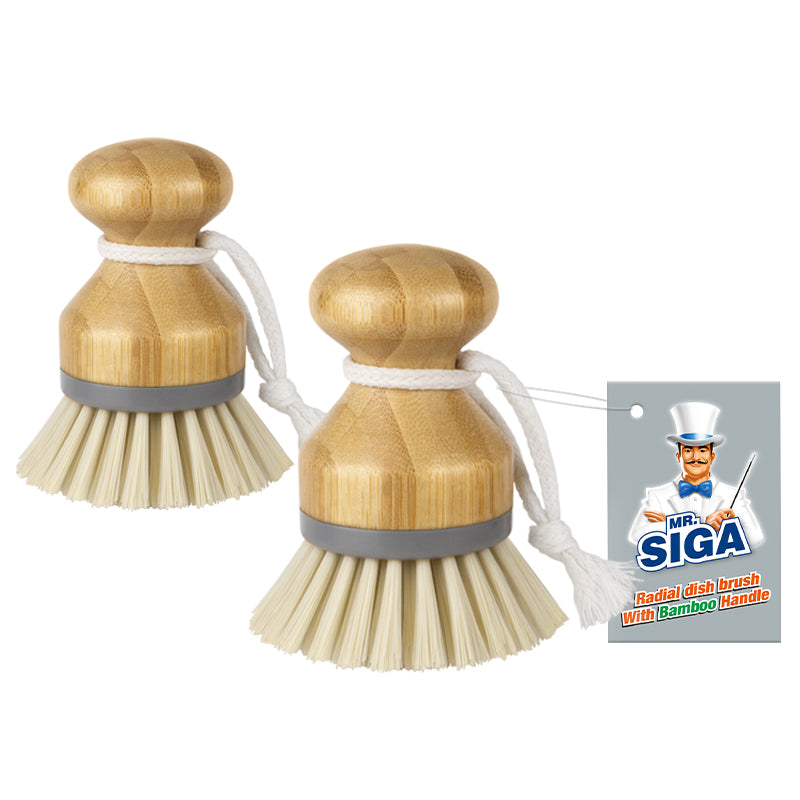 MR.Siga Radial Dish Brush with Long Bamboo Handle Built-in Scraper, Pack of  2